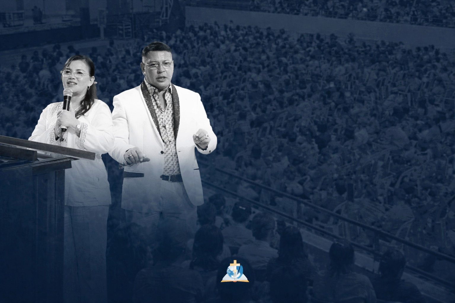 Bishop Rod Cubos and Mrs. Bishop Ruth Cubos at the pulpit before a full congregation in Davao City